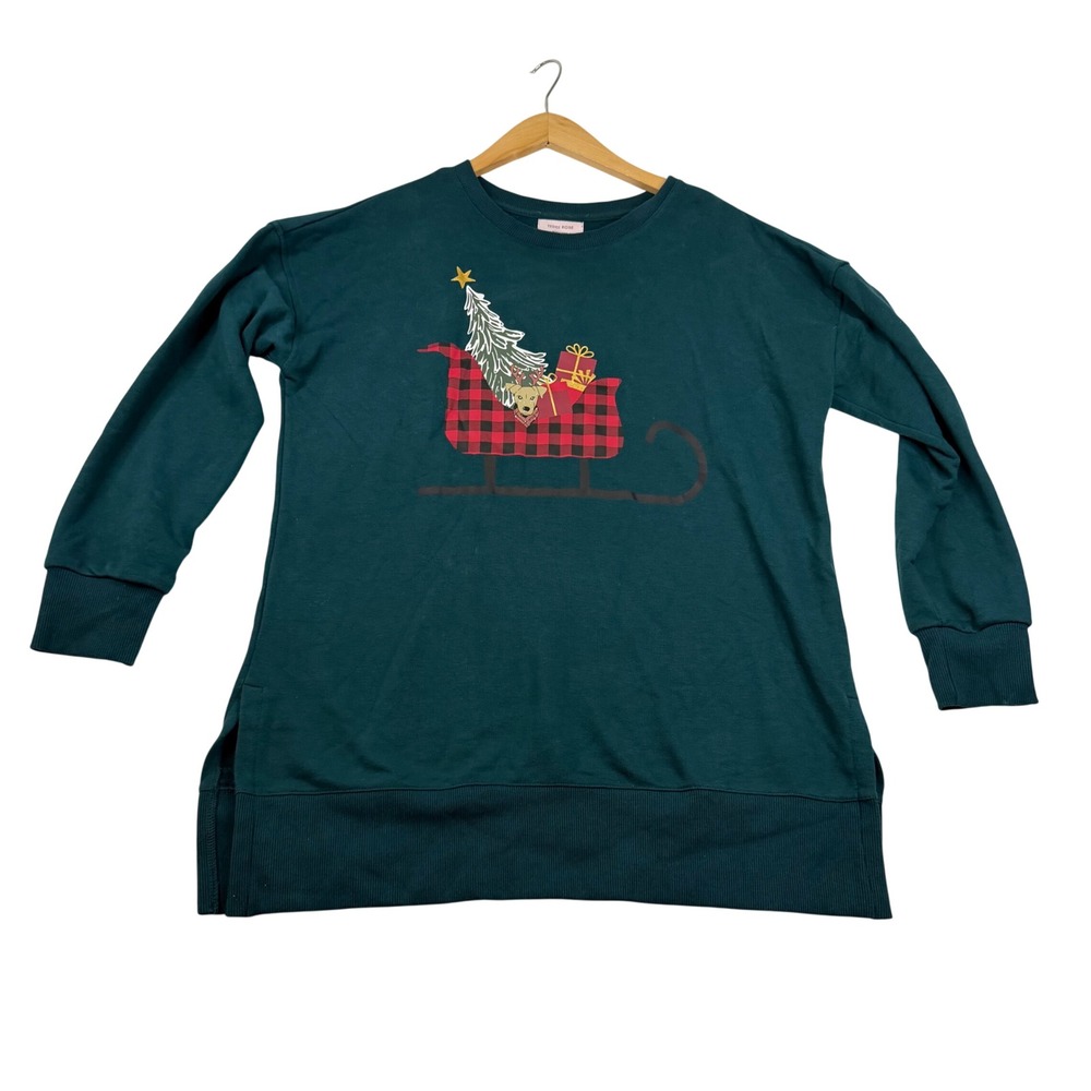 Teddi Rose Womens Christmas Sleigh‎ Graphic Sweatshirt Green Plaid M 1802498